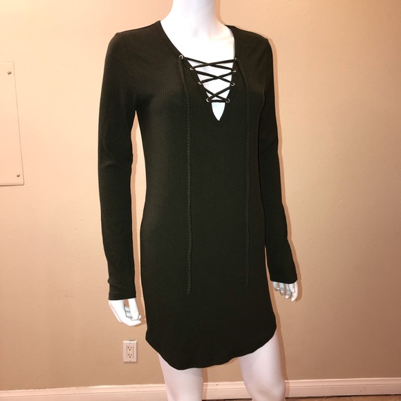 Forever 21 Dresses & Skirts - Forever 21 Olive Green Ribbed Mini Dress Lace Up Size Large